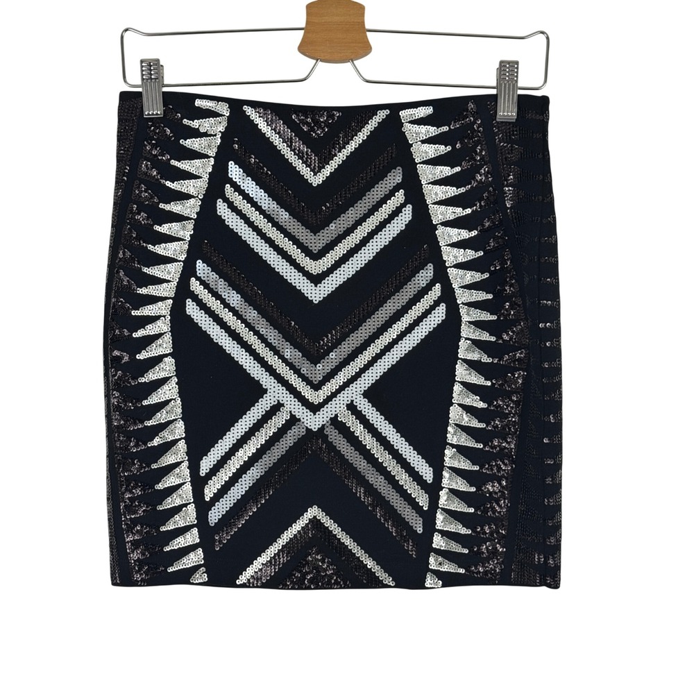 Express Sequin Mini Skirt Black Silver Geometric Chevron Party Glam Small NWT